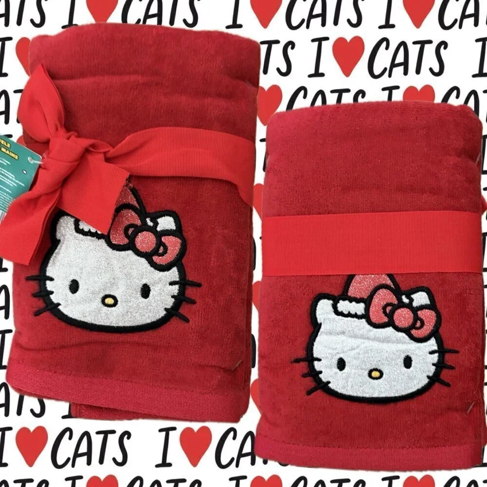 Hello Kitty Red Cotton Embroidered Glitter Face Kitty Graphic Hand Towels-2-Pk
